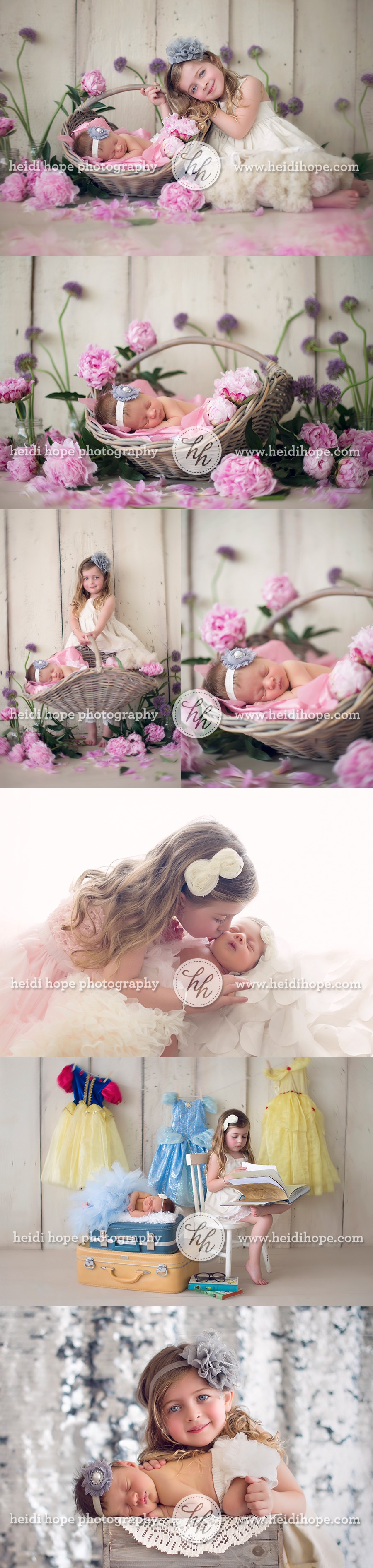 newborn and sibling portraits with sisters in flowers and sequins