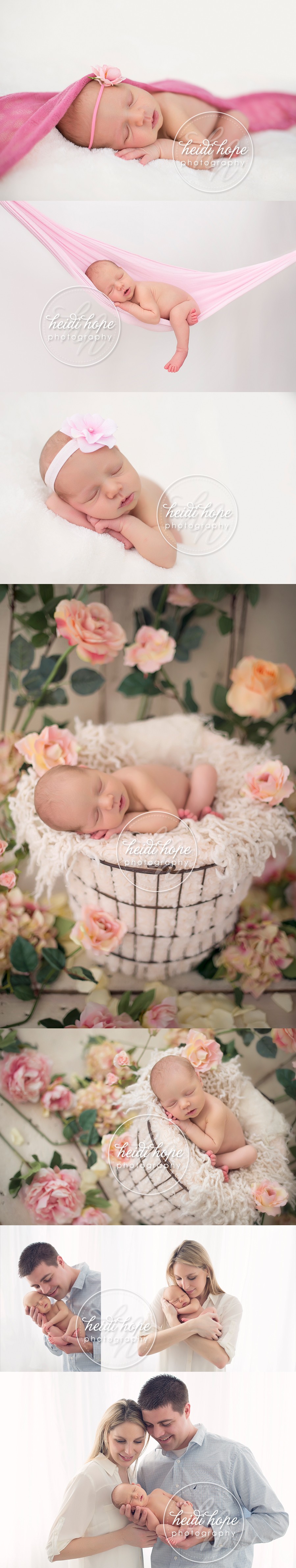 spring newborn baby girl in the flowers with family