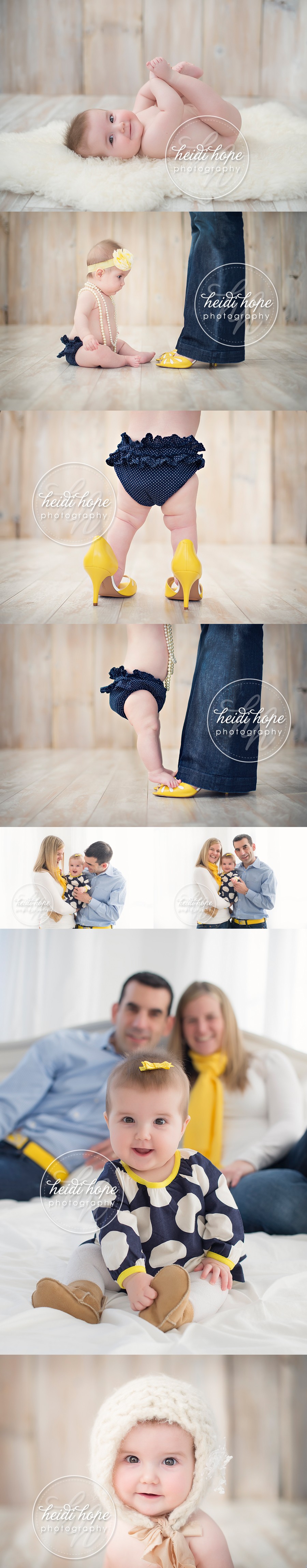 spring 6 month old baby girl session with navy and yellow