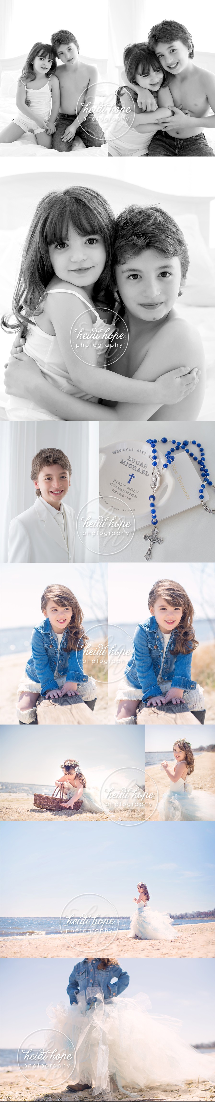 brother and sister sibling portrait session in the studio and at the beach