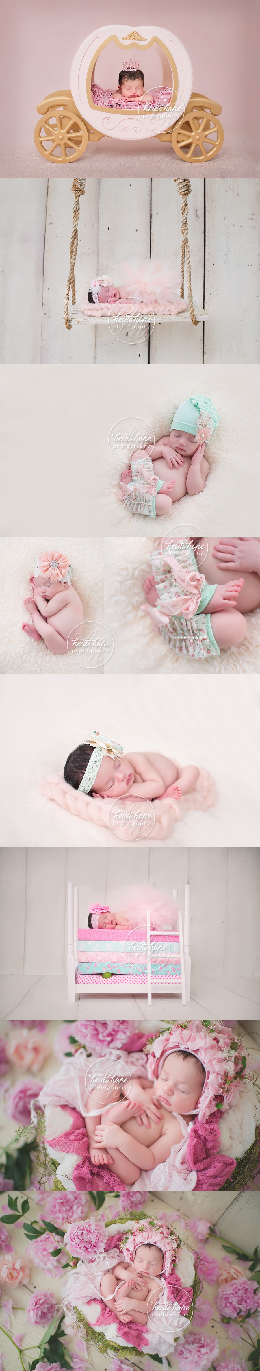 newborn baby girl and flowers princess carraige and sleeping on bed with pea web