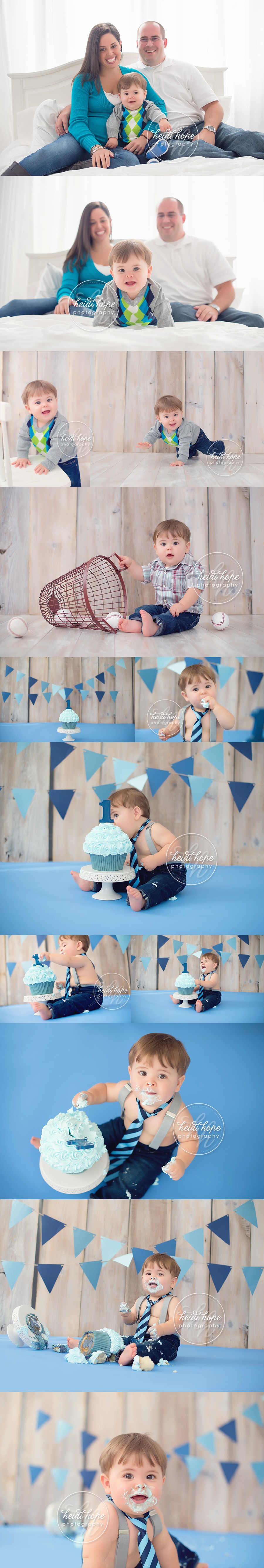 massachusetts photographer classic blue first birthday cakesmash portrait session with family