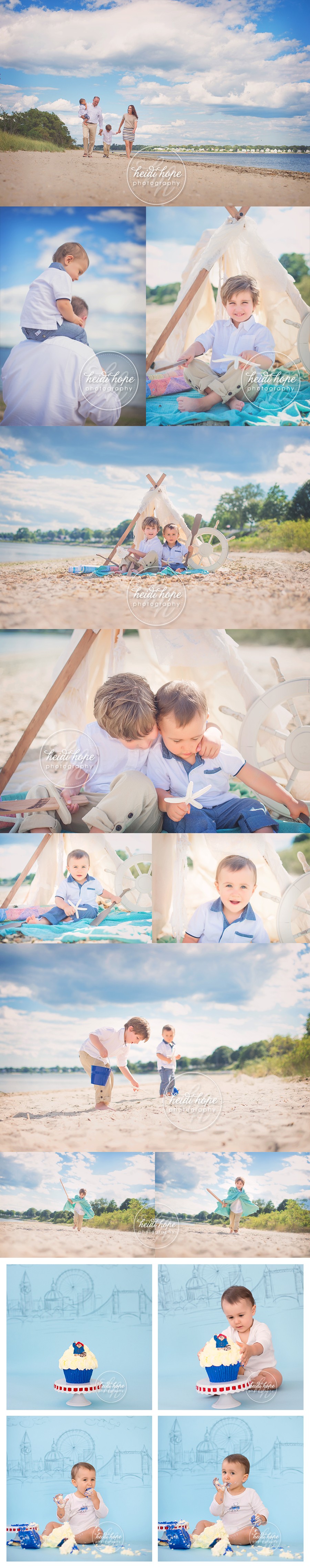 outdoor family beach session with paddington bear cakesmash for little boys