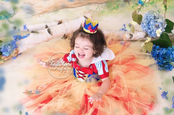 Celebrating princess C’s first birthday with a Snow White inspired cake smash portrait session!