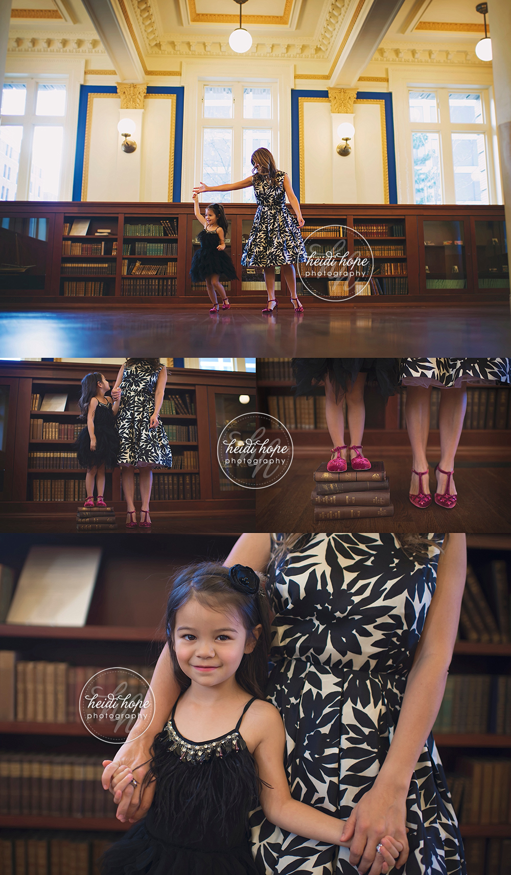 holiday christmas portraits in a library with mother and daughter03