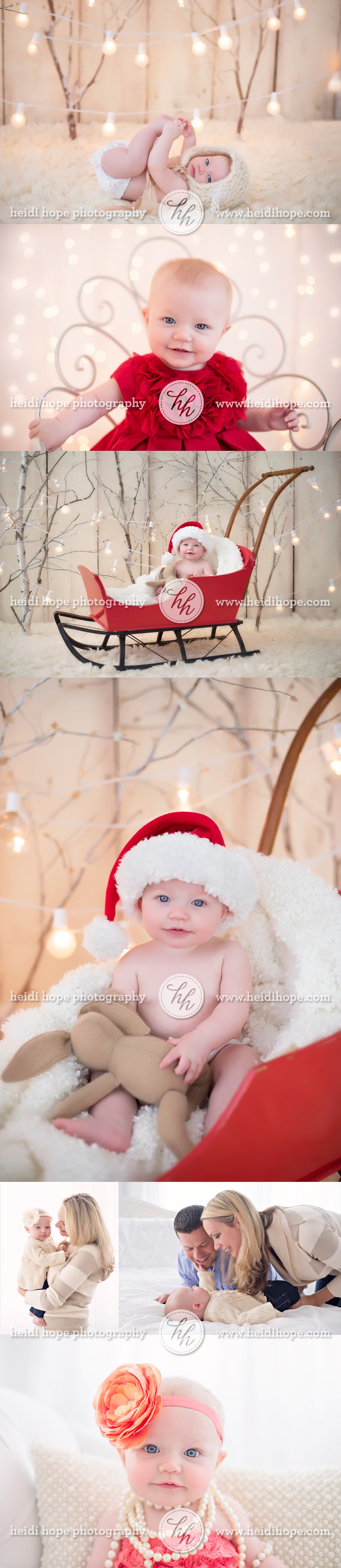 6 month old christmas family portrait session with lights and snow sled